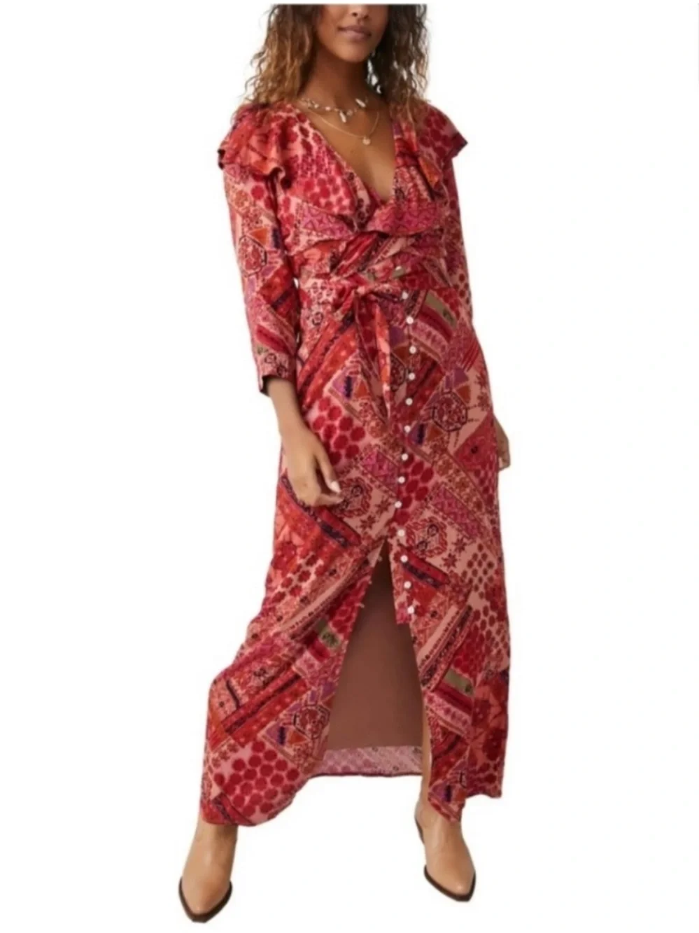 Free People Lennon Dress Maxi Primrose Viscose Combo Boho Ruffle